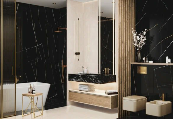 Сочетание черного мрамора Sahara Noir с деревом