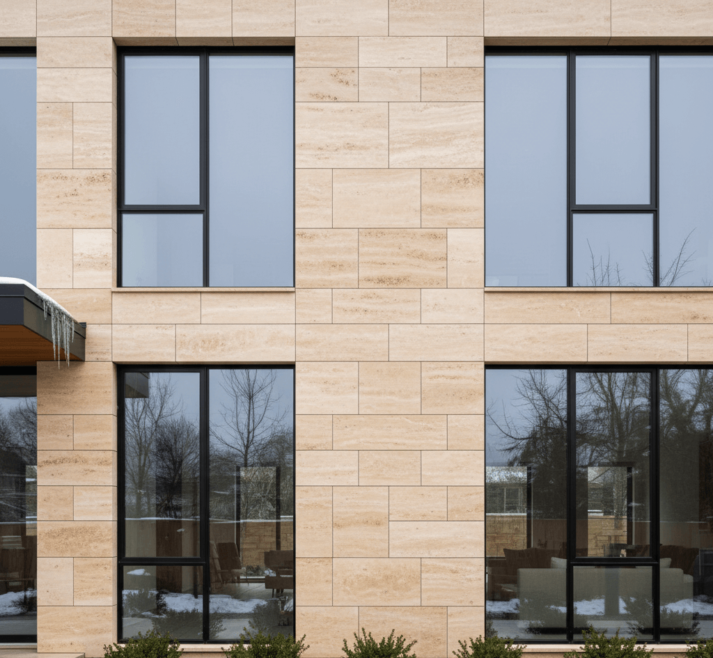 Современный фасад здания, облицованный травертином, с большими окнами